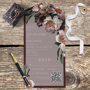 Modern Dark Blossoms Pink & Burgundy QR Code All In One Invitation