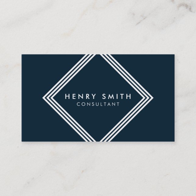 Modern Dark Blue and White Borders Geometric Business Card (Front)