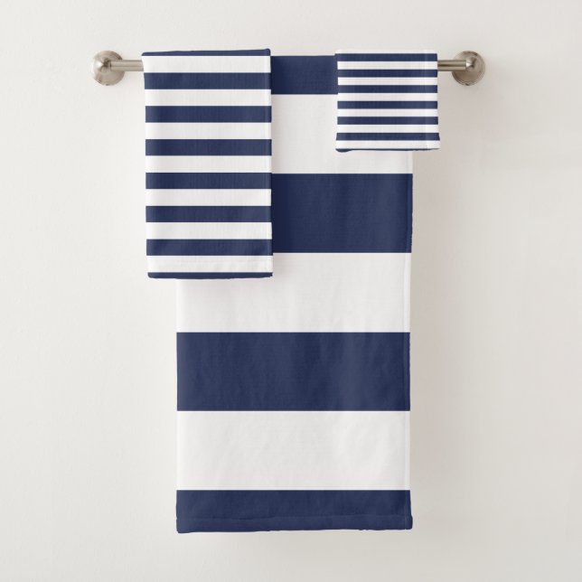 Modern Dark Blue and White Striped pattern Bath Towel Set (Insitu)
