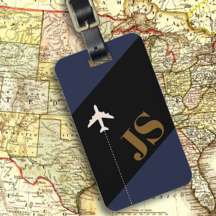 Modern dark-blue black monogram luggage tag