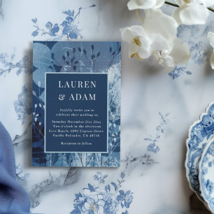 Modern Dark Blue Botancial Wedding Invitation