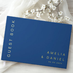 Modern dark blue brown wedding names date foil guest book
