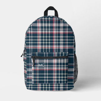 Modern Dark Blue Check Plaid Monogram Initials Printed Backpack