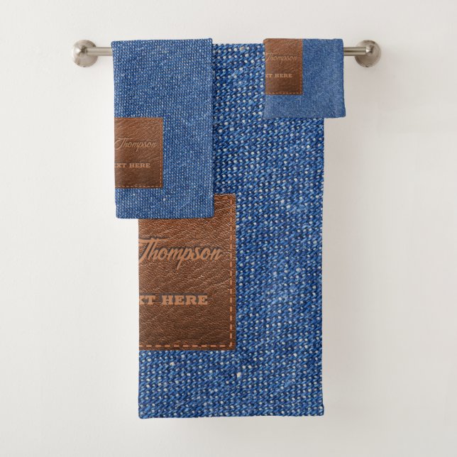 Modern Dark Blue Denim Jeans Texture Leather Patch Bath Towel Set (Insitu)