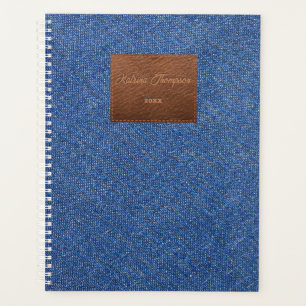 Modern Dark Blue Denim Jeans Texture Leather Patch Planner