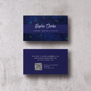 Modern Dark Blue Elegant Script with QR Code Business Card