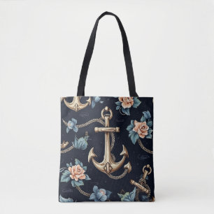 Modern Dark Blue Floral Anchor Seamless Pattern Tote Bag
