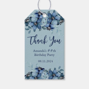 Modern Dark Blue Floral Birthday Party Thank You Gift Tags