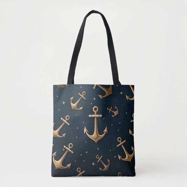 Modern Dark Blue Gold Anchor Seamless Pattern Tote Bag (Front)