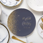 Modern Dark Blue Gold Glitter Edge Wedding Paper Plate<br><div class="desc">The left-hand edge of these elegant modern wedding paper plates features a gold faux glitter design. Personalise them with the names of the bride and groom in pale gold-coloured handwriting script over a large ampersand on a dark blue background,  with the wedding date below.</div>