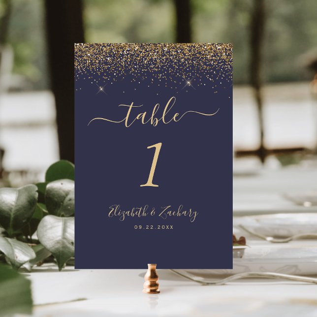 Modern Dark Blue Gold Glitter Edge Wedding Table Number (Creator Uploaded)