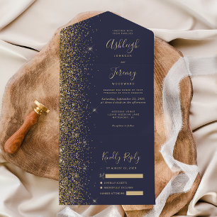 Modern Dark Blue Gold Glitter Wedding All In One Invitation