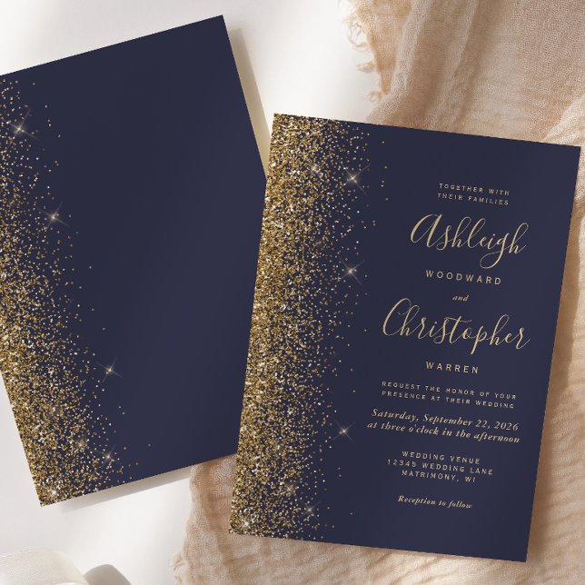 Modern Dark Blue Gold Glitter Wedding Invitation (Creator Uploaded)