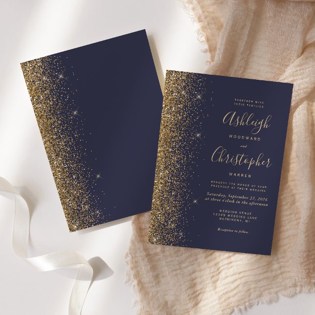 Modern Dark Blue Gold Glitter Wedding Invitation (Creator Uploaded)
