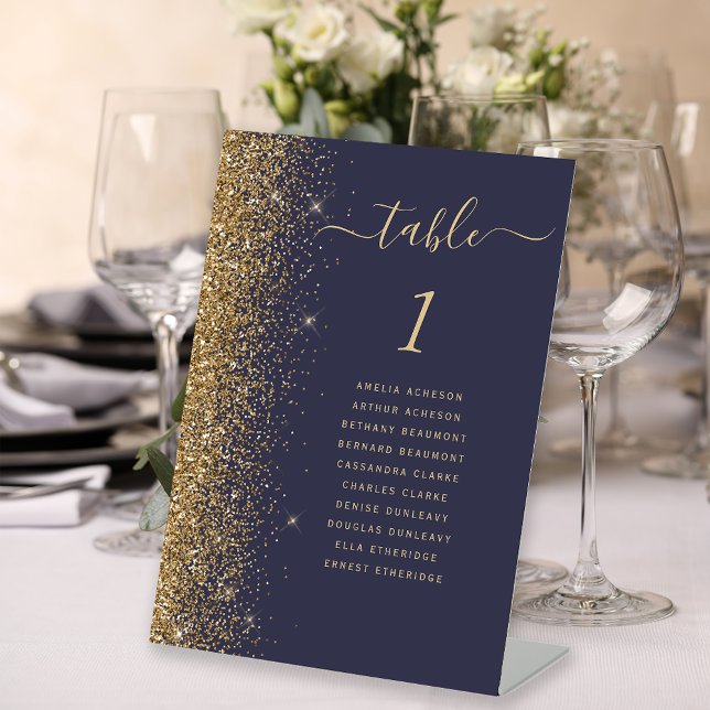 Modern Dark Blue Gold Glitter Wedding Table Number Pedestal Sign (Creator Uploaded)