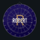 Modern dark blue gold monogram name dartboard<br><div class="desc">Modern dark blue dart board with a white name and gold monogram. Personalise with name and initial.</div>