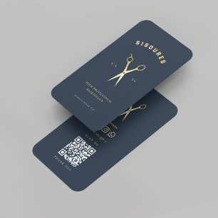Modern Dark Blue Gold Scissors Barbershop Barber Business Card