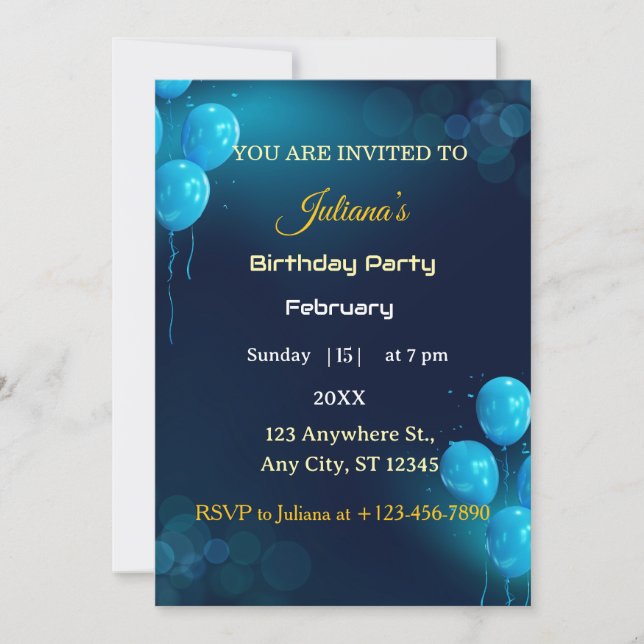 Modern Dark Blue Illustrative Birthday Invitation (Front)
