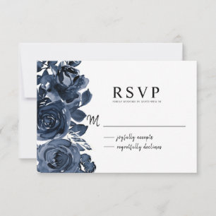 Modern Dark Blue Ink Floral Bouquet RSVP Card
