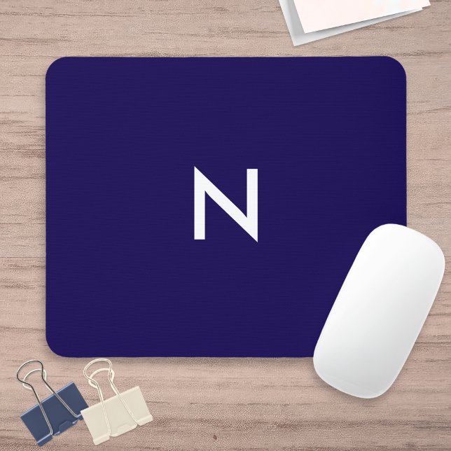 Modern Dark Blue Minimalist Monogram Initial Mouse Pad (A minimalist, modern, navy blue mouse mat, personalized with a white monogram initial)