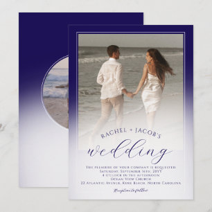 Modern Dark Blue Ombre 2-Photo Wedding Invitation
