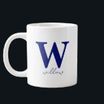 Modern Dark Blue Personalised Monogram Mug<br><div class="desc">Modern monogram design in a bold serif typography is layered underneath a name in a handwritten-style script font. The same design automatically appears on both sides when you personalise it. You can change the colours if you like. Great gift for your own desk, holidays, work coffee events, wedding parties and...</div>