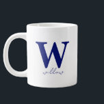 Modern Dark Blue Personalised Monogram Mug<br><div class="desc">Modern monogram design in a bold serif typography is layered underneath a name in a handwritten-style script font. The same design automatically appears on both sides when you personalise it. You can change the colours if you like. Great gift for your own desk, holidays, work coffee events, wedding parties and...</div>