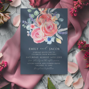 Modern Dark Blue Rose Floral Watercolor Wedding Invitation