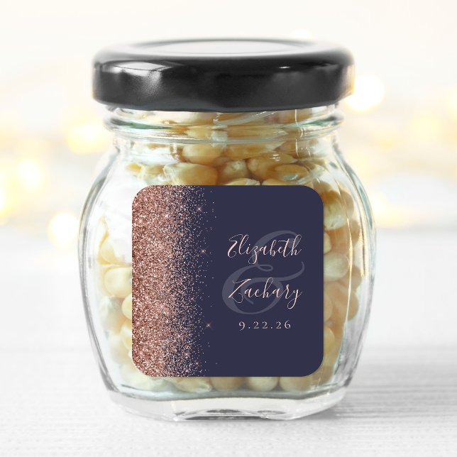 Modern Dark Blue Rose Gold Glitter Edge Wedding Square Sticker (Creator Uploaded)