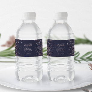 Modern Dark Blue Rose Gold Glitter Wedding Water Bottle Label