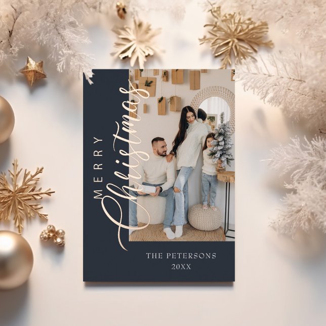 Modern Dark Blue Rose Gold Photo Christmas (Modern Dark Blue Rose Gold Photo Christmas Foil Holiday Card with golden Christmas decoration.)