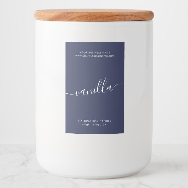 Modern dark blue script candle product label (Front)