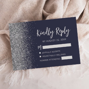 Modern Dark Blue Silver Glitter Edge Script RSVP Card