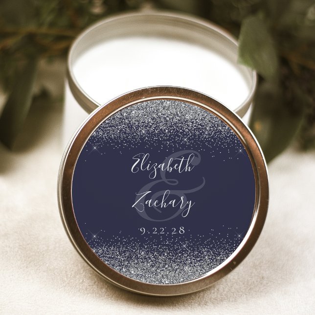 Modern Dark Blue Silver Glitter Edge Wedding Classic Round Sticker (Creator Uploaded)
