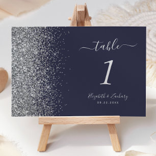 Modern Dark Blue Silver Glitter Edge Wedding Table Number