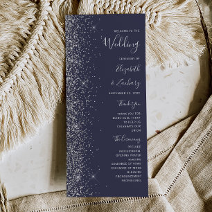 Modern Dark Blue Silver Glitter Wedding Programme