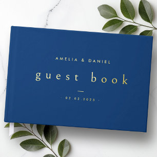 Modern dark blue wedding names and date real foil guest book