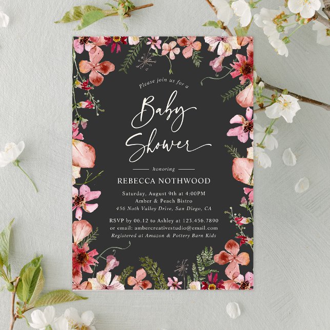 Modern Dark Boho Chic Floral Girl Baby Shower Invitation (Creator Uploaded)