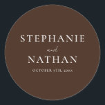 Modern Dark Brown Minimalist Wedding Classic Round Sticker<br><div class="desc">Simple minimalist dark chocolate brown wedding stickers. Perfect for a spring,  summer,  fall or winter wedding. The modern calligraphy script font pairs beautifully with a traditional serif font.</div>