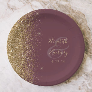 Modern Dark Burgundy Gold Glitter Edge Wedding Paper Plate