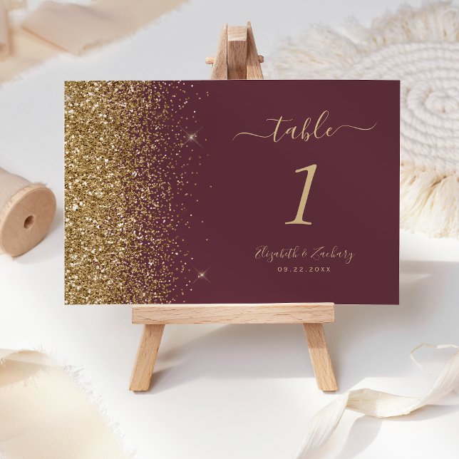 Modern Dark Burgundy Gold Glitter Edge Wedding Table Number (Creator Uploaded)