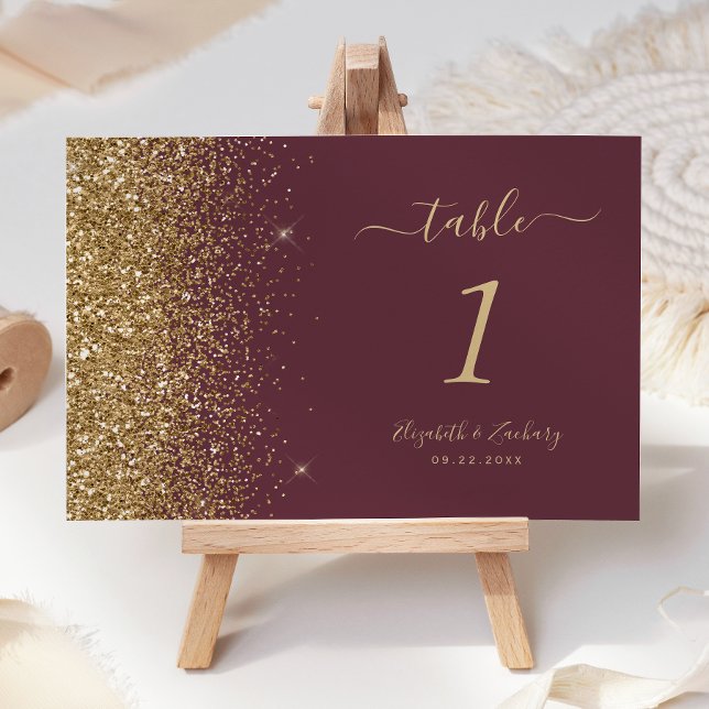 Modern Dark Burgundy Gold Glitter Edge Wedding Table Number (Creator Uploaded)