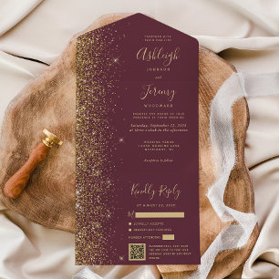 Modern Dark Burgundy Gold Glitter QR Code Wedding All In One Invitation