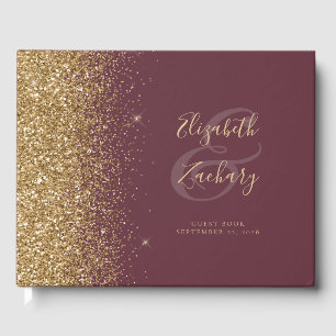 Modern Dark Burgundy Gold Glitter Script Guest Book