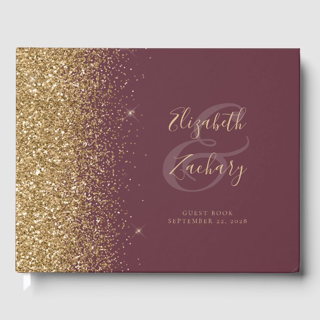 Modern Dark Burgundy Gold Glitter Script Guest Book (Front)
