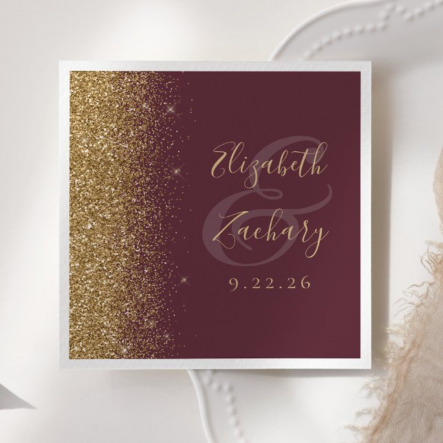 Modern Dark Burgundy Gold Glitter Wedding Napkin (Creator Uploaded)