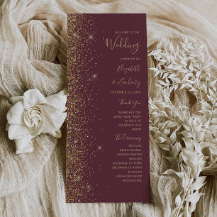 Modern Dark Burgundy Gold Glitter Wedding Program