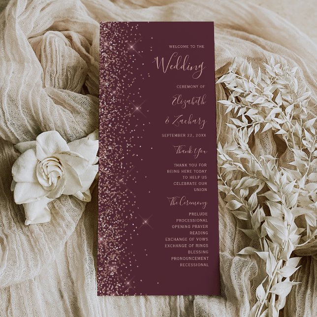 Modern Dark Burgundy Rose Gold Glitter Wedding Programme (Creator Uploaded)