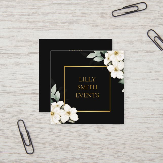 Modern Dark Business Card Watercolor Floral Design (Front/Back In Situ)