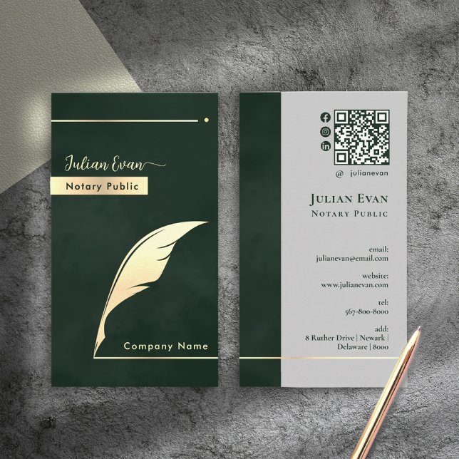 Modern Dark Emerald Green Gold Quill Notary Public Business Card (Modern Dark Emerald Green Gold Quill Notary Public Business Card)